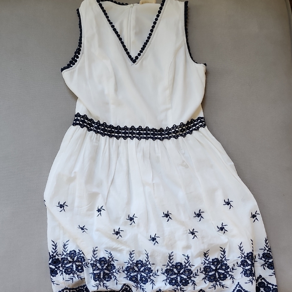 White Dress with Navy Embroidery
